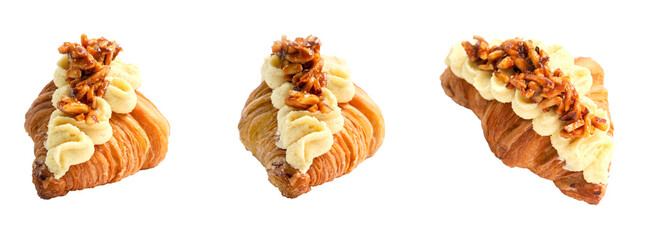 Set of Almonds Caramel Croissant Isolated on PNG transparent background
