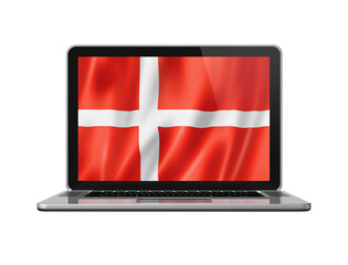 Danish flag on laptop screen isolated on white. 3D illustration