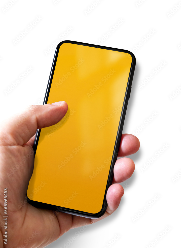 Canvas Prints Hand holding a smartphone with blank yellow screen. Isolated on transparent background with shadow.