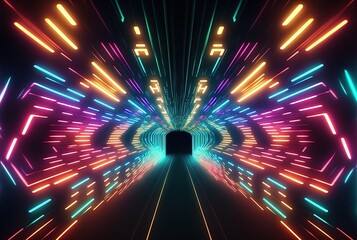 Naklejka na ściany i meble Futuristic Modern Abstract Background of Space Station Themed Neon Light Corridor