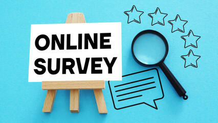 Online survey is shown using the text and photo of magnifying glass