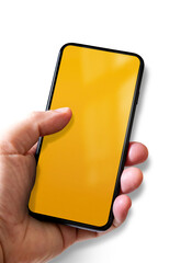 Hand holding a smartphone with blank yellow screen. Isolated on transparent background with shadow.