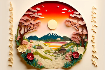 Japanese style mountain landscape scene in paper craft, paper quilling style. generative AI