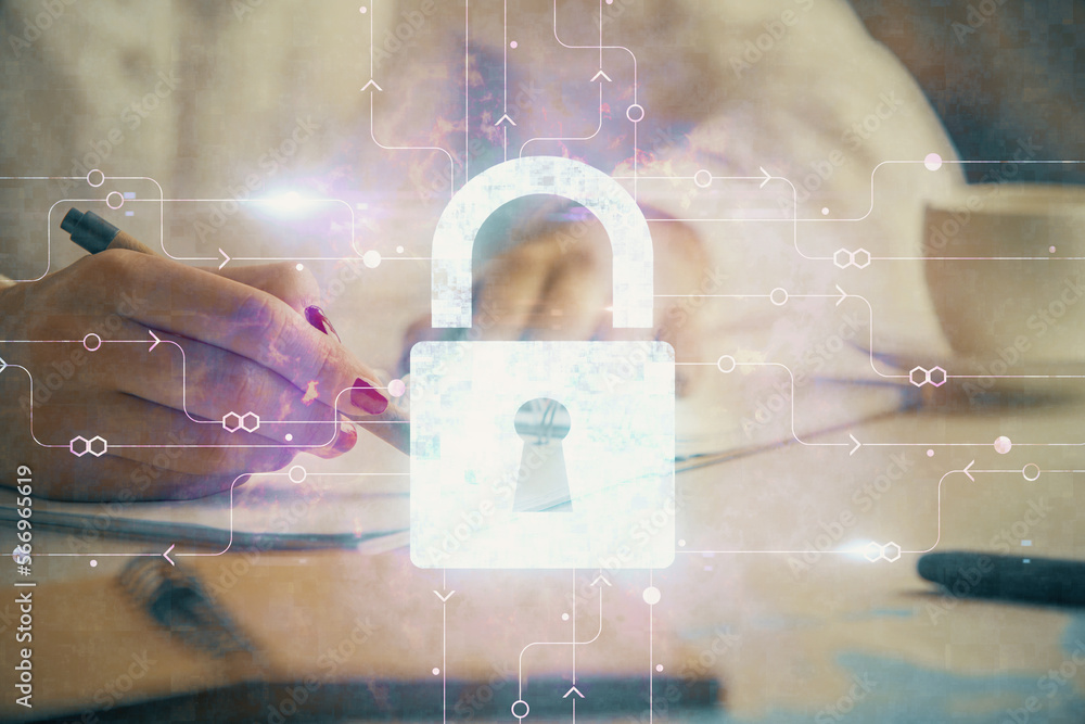 Poster Double exposure of hands making notes with lock icons. Concept security and protection of data