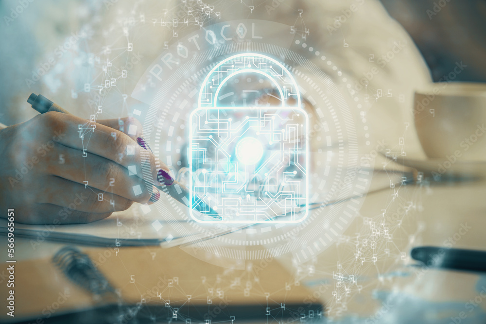 Poster double exposure of hands making notes with lock icons. concept security and protection of data