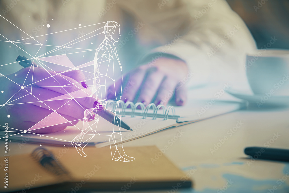 Poster start up creative drawing over close up hands in notepad background. concept of brainstorming. doubl