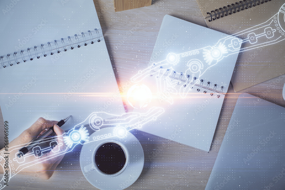 Poster multi exposure of woman's writing hand on background with data technology hud. concept of innovation