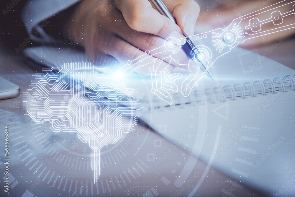 Poster double exposure of woman's writing hand on background with brain hud. concept of learning.