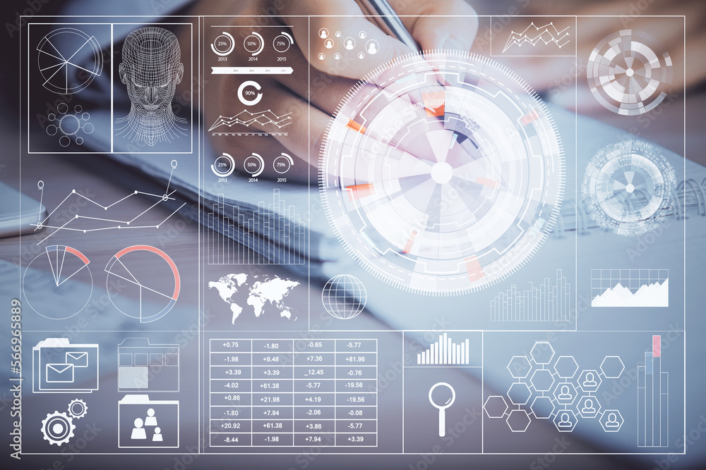 Poster double exposure of woman's writing hand on background with data technology hud. big data concept.