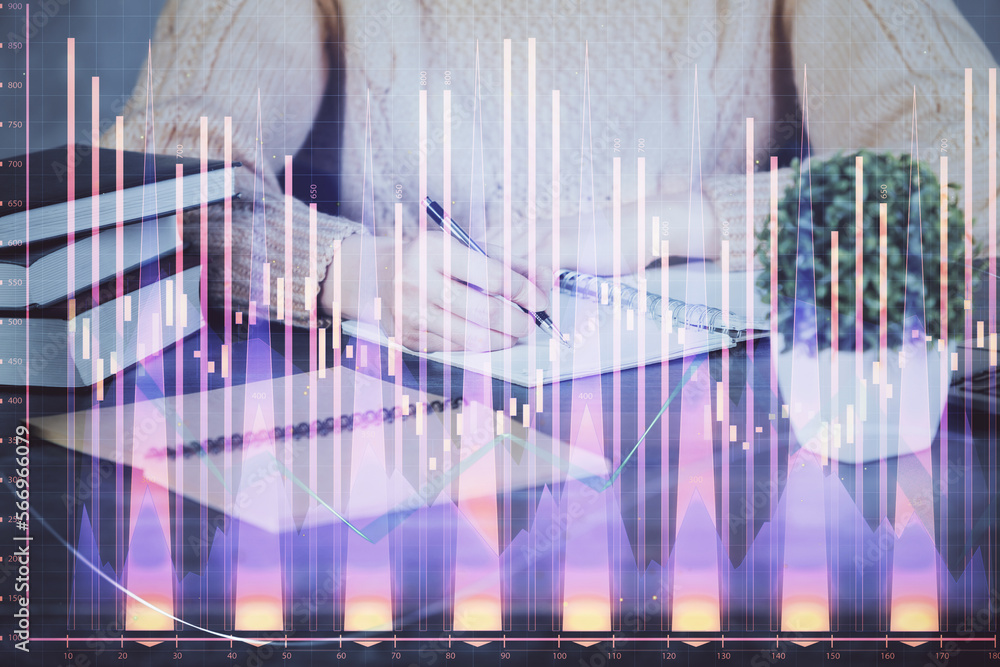 Poster forex graph on hand taking notes background. concept of research. double exposure