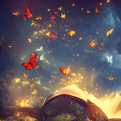 Magic  book with magical particles flying above upwards. Generative AI