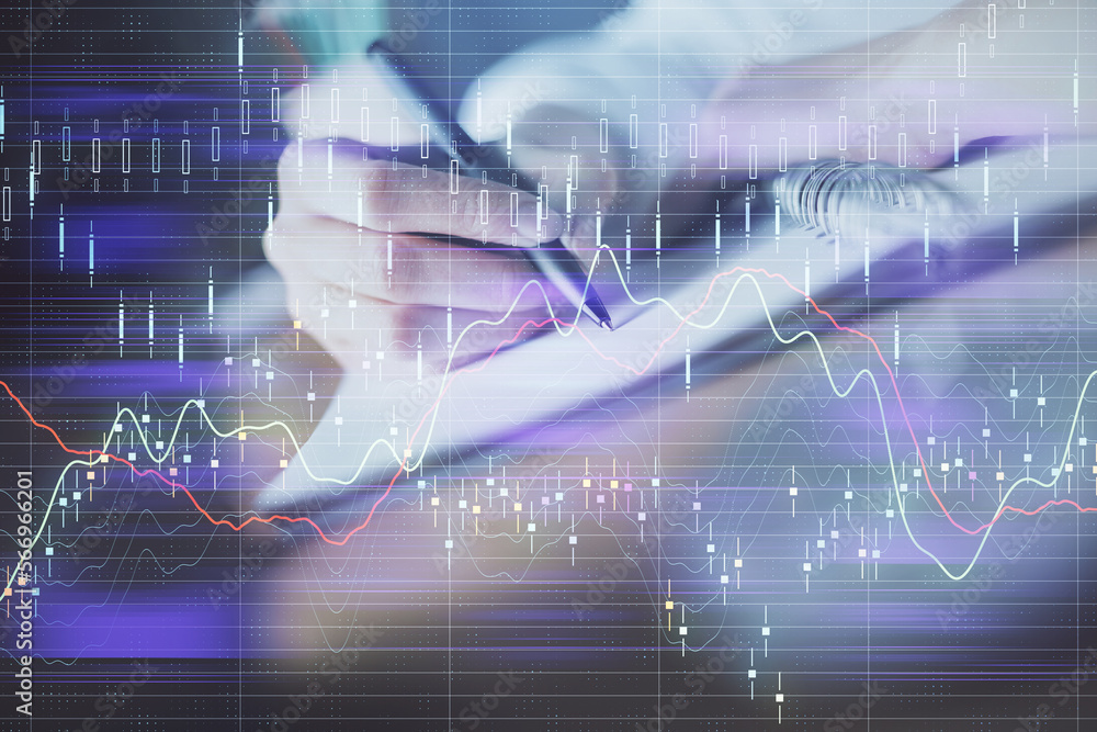 Poster Financial forex graph displayed on hands taking notes background. Concept of research. Double exposure
