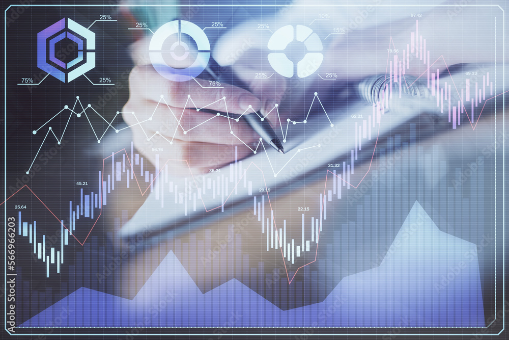 Poster financial forex graph displayed on hands taking notes background. concept of research. double exposu