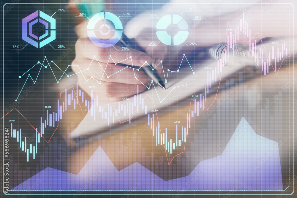 Poster financial forex graph displayed on hands taking notes background. concept of research. double exposu