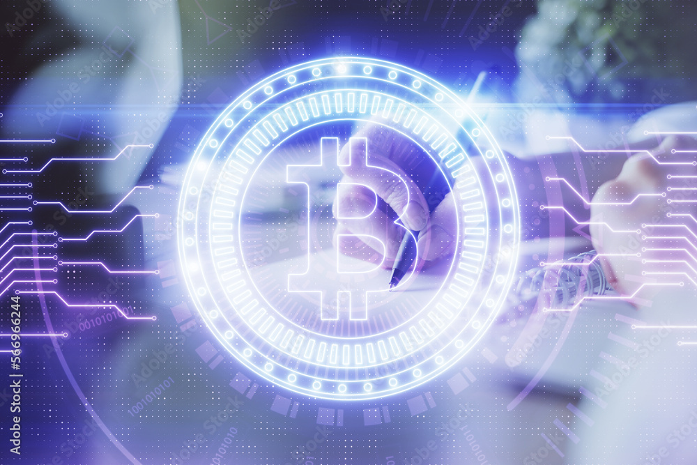 Poster cryptocurrency hologram, bitcoin, ico theme over hands taking notes background. concept of blockchai