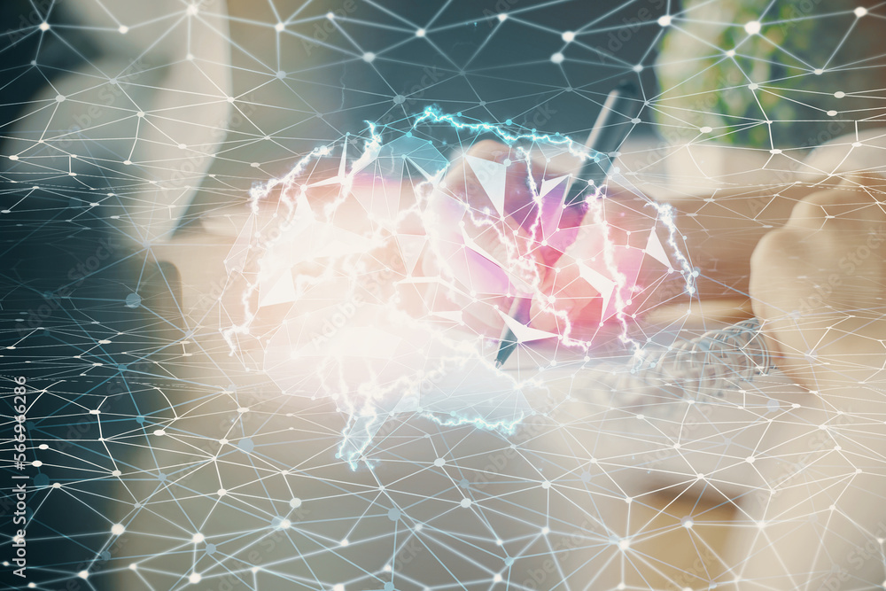 Poster Multi exposure of writing hand on background with brain hologram. Concept of self learning.