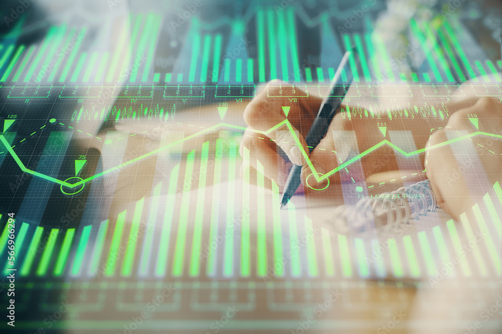 Poster Double exposure of hands making notes background with technology and digital coding huds. Data learning concept.