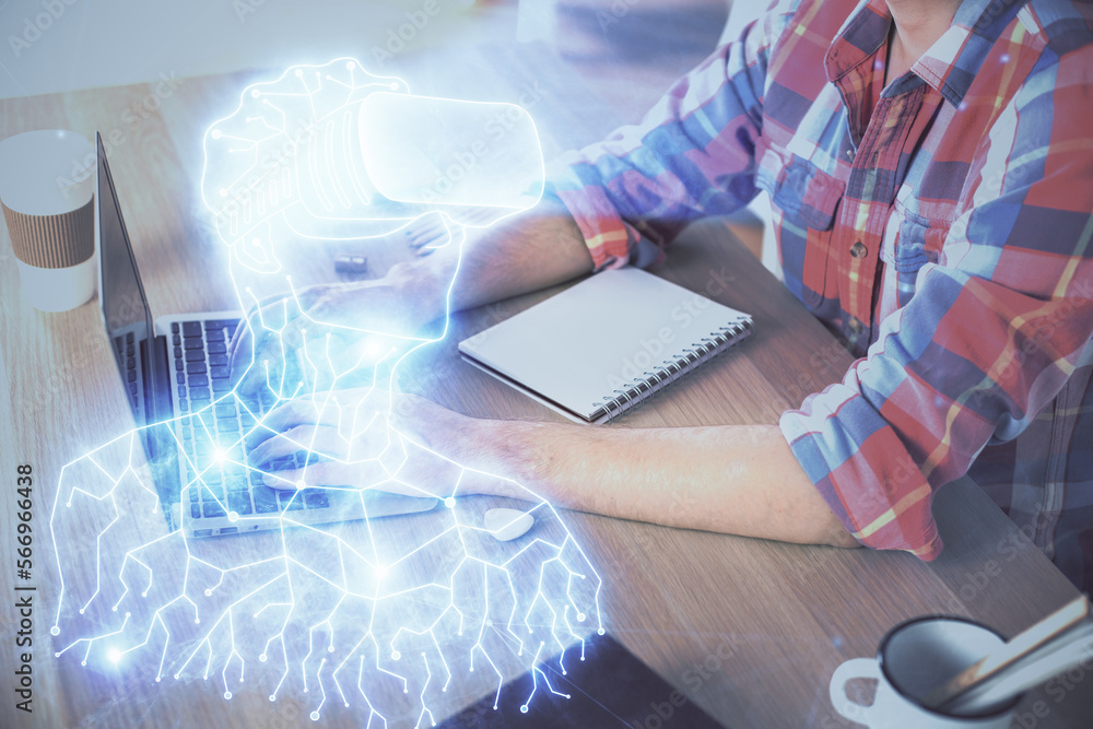 Poster AR hologram with man working on computer on background. Augmented reality concept. Double exposure.