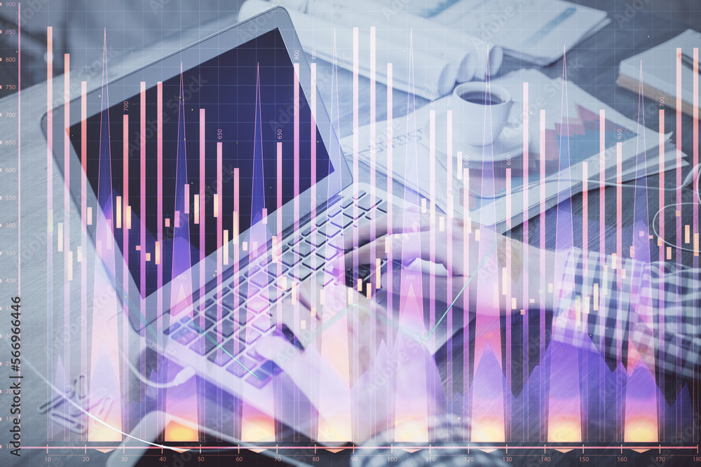 Poster double exposure of forex chart with man working on computer on background. concept of market analysi