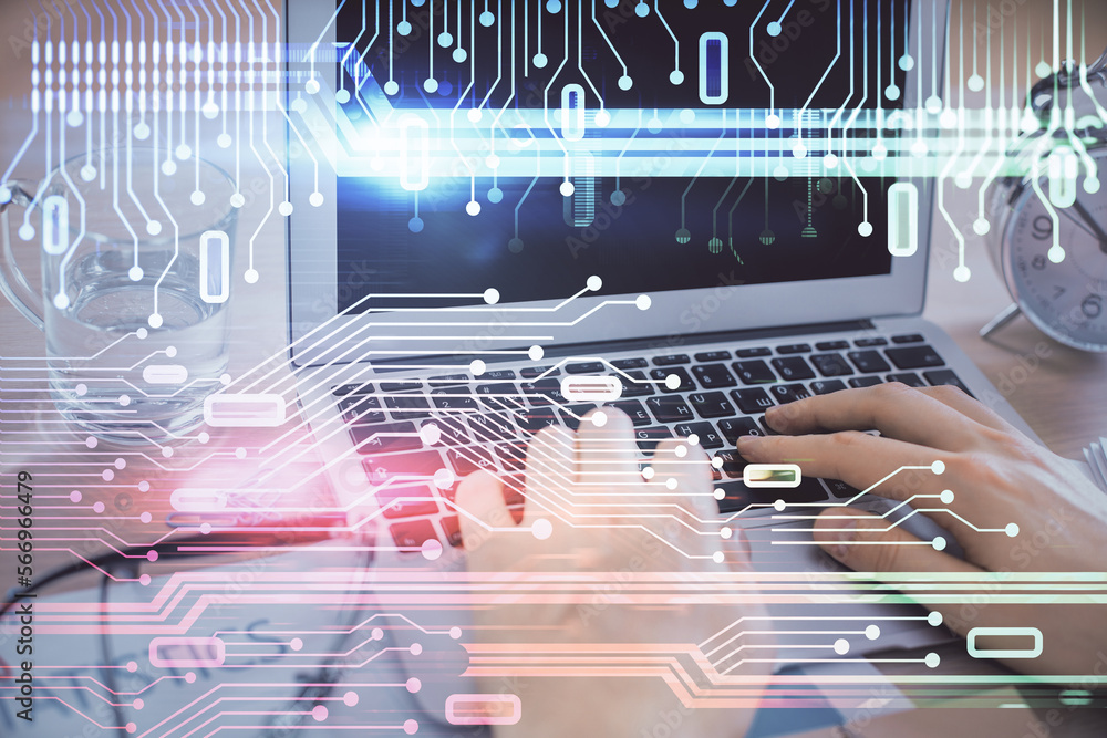Poster businessman with computer background with technology theme hologram. concept of big data. double exp