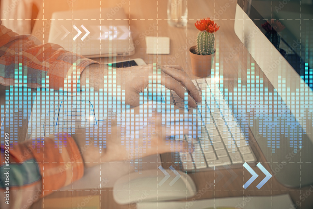 Poster Double exposure of stock market chart with man working on computer on background. Concept of financial analysis.