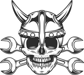 Vintage viking skull in horned helmet with body shop service car and truck mechanic repair tool crossed wrench or construction for gas and builder plumbing pipe spanner illustration