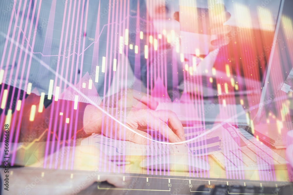Poster Multi exposure of chart with man typing on computer in office on background. Concept of hard work.