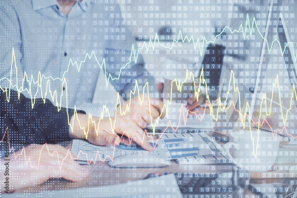 Poster Multi exposure of chart with man typing on computer in office on background. Concept of hard work.