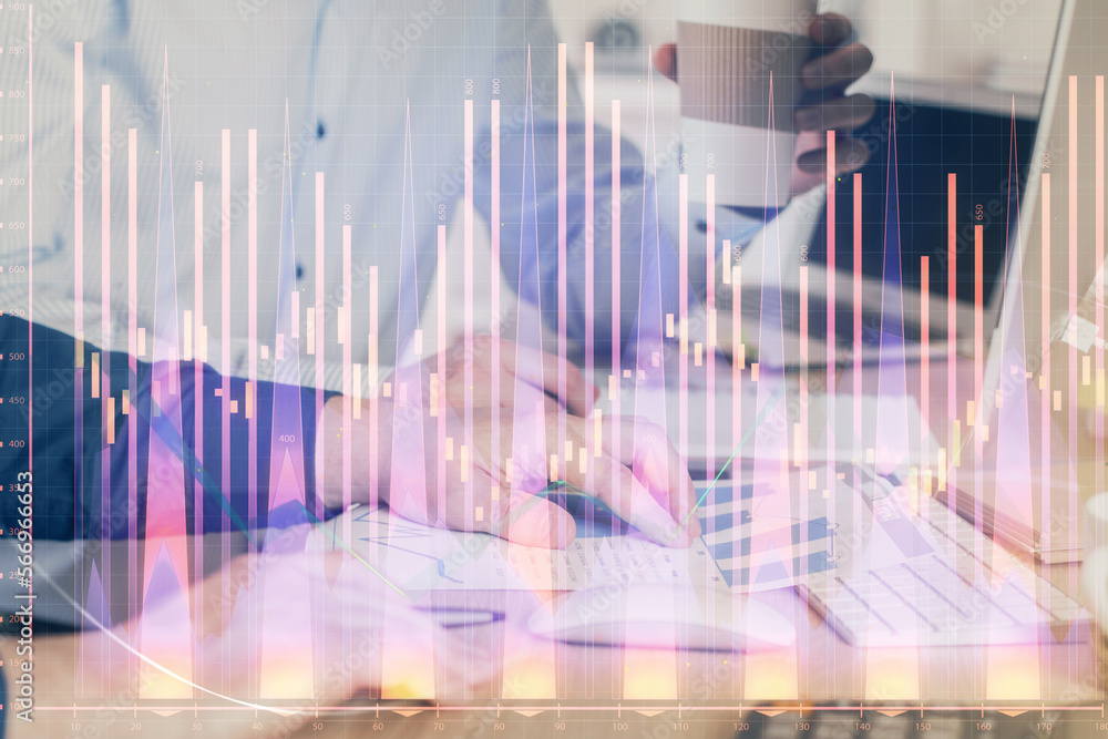 Poster Multi exposure of chart with man typing on computer in office on background. Concept of hard work.