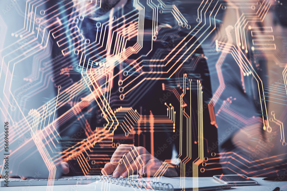 Aufkleber Technology theme hologram with man working on computer on background. High tech concept. Multi exposure.