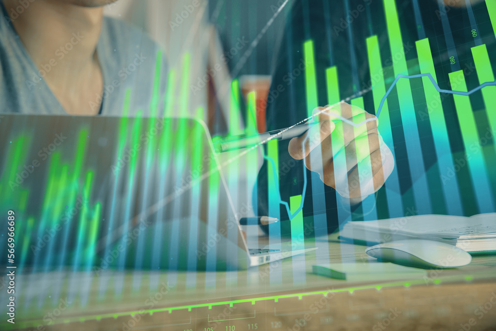 Poster Forex graph with businessman typing on computer in office on background. Concept of analysis. Double exposure.