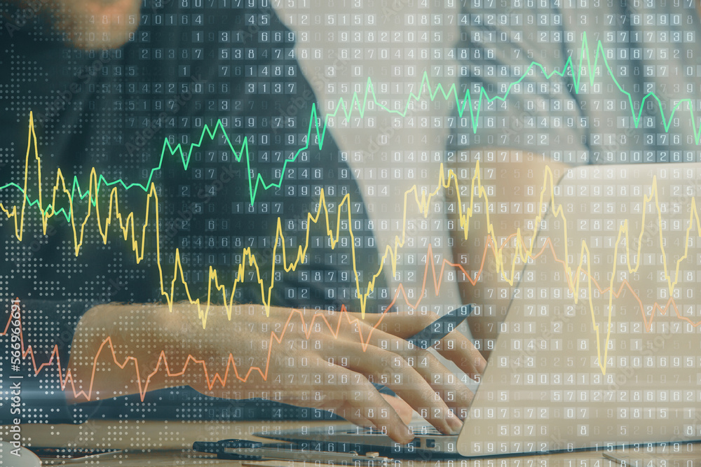 Poster Forex graph with businessman typing on computer in office on background. Concept of analysis. Double exposure.