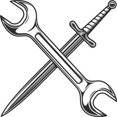 Vintage sword with body shop service car and truck mechanic repair tool crossed wrench or construction for gas and builder plumbing pipe key illustration