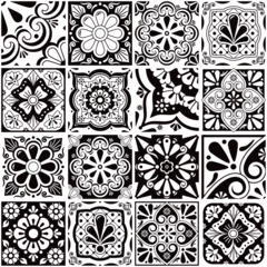 Gordijnen Mexican talavera tiles big collection, decorative seamless vector pattern set with flowers, leaves ans swirls in black and white  © redkoala