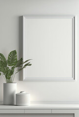 Blank picture frame mockup on white wall. Generative AI.