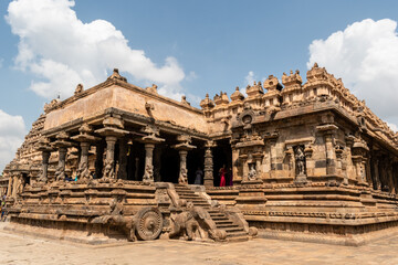 The exterior facade of the ancient Airavatesvara temple in Darasuram.