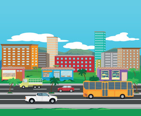 traffic flowing in the city and green landscape in the back