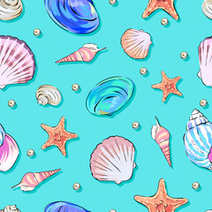 seamless vector pattern on the marine theme. Sea, ocean, shells