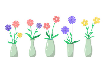 Set of cute flat flowers in vase, home decoration illustration