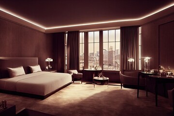 Luxury modern style bedroom, Interior of a hotel bedroom. Generative AI illustration