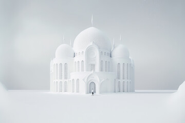 Fototapeta premium Beautiful, minimalist landscape with a lone white mosque. Clean white world concept. Post-processed digital AI art