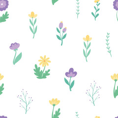 Seamless pattern with abstract wildflowers on white background. Floral pattern for textile prints, scrapbooking, wallpaper, bedding, wrapping paper, etc. EPS 10
