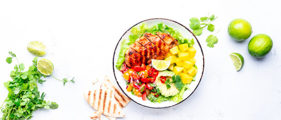 Grilled chicken breast salad with avocado, mango, tomato salsa, cilantro and lettuce in mexican style, white table background, top view
