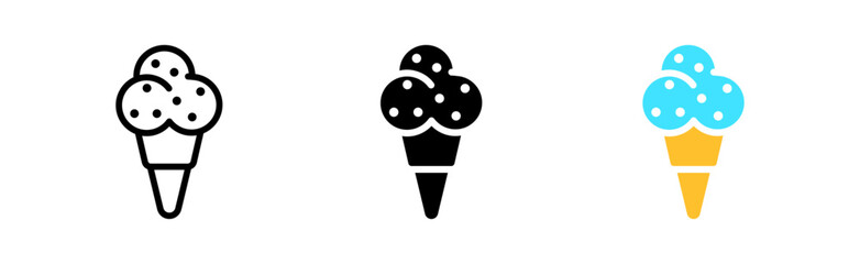 Ice cream line icon. Dessert, sweet, dairy product, cone, balls, taste, fruit, icing, chocolate, frozen, cold, summer, heat, refreshing. Vector icon in line, black and colorful style