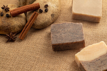 Homemade natural soap on earth tone background
