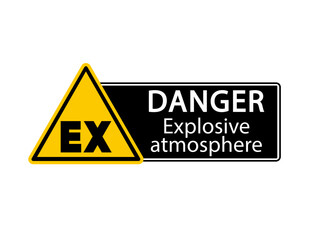 Danger explosive atmosphere. Yellow triangle warning sign with symbol and text by side.