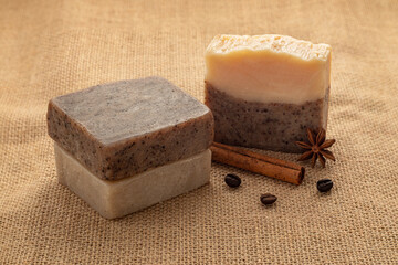 Homemade natural soap on earth tone background