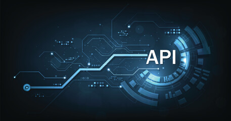 (API)Application Programming Interface. Software development tools, information technology, modern technology on dark blue background.	