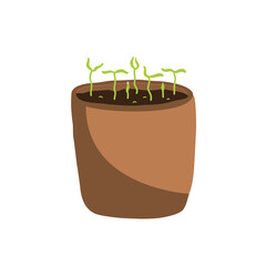 A young seedling in a clay pot isolated on a white background. Vector illustration.