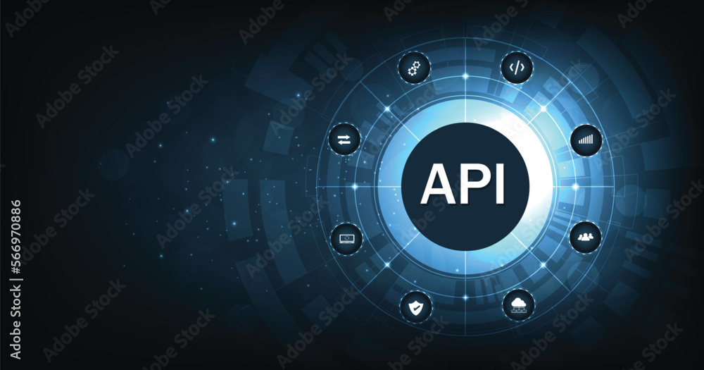 Aufkleber  Application Programming Interface (API). Software development tools, information technology, modern technology, internet, and networking concept on dark blue background.	